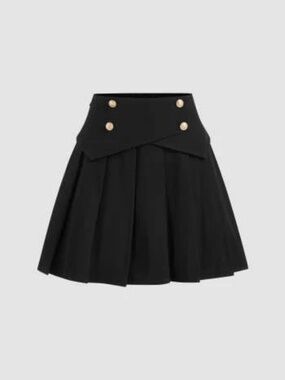 Cider Black Solid Mid Rise Gold Button Pleated Mini Skirt Size XL/10